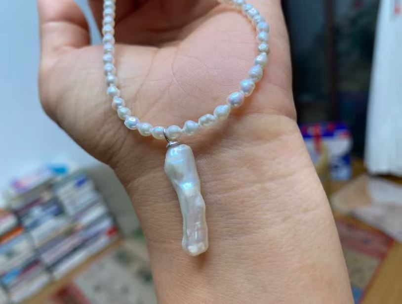 Natural Freshwater PEARL necklace, 3mm with Baroque pendant, S925