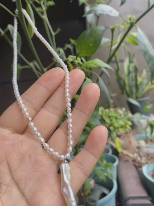 Natural Freshwater PEARL necklace, 3mm with Baroque pendant, S925